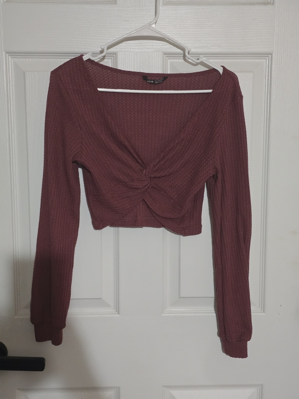 SHEIN Mauve Twist-Front Ribbed Long Sleeve Crop Top